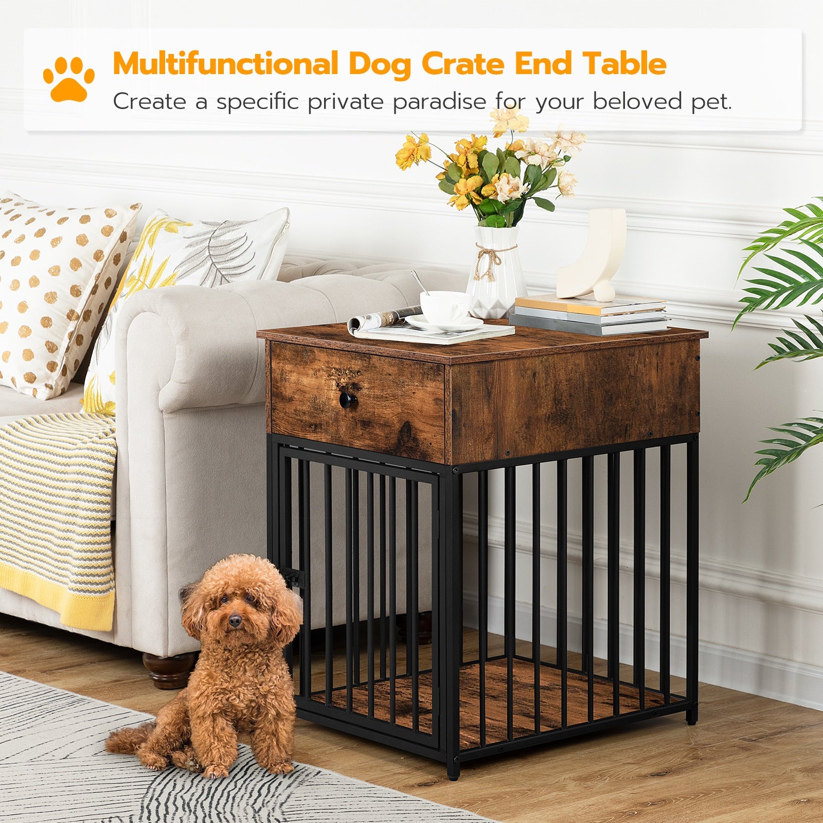 HOOBRO Dog Crate Furniture Wooden Dog Cage Dog House Decorative Dog Kennel with Drawer Indoor Pet Crate End Table for Small Dog